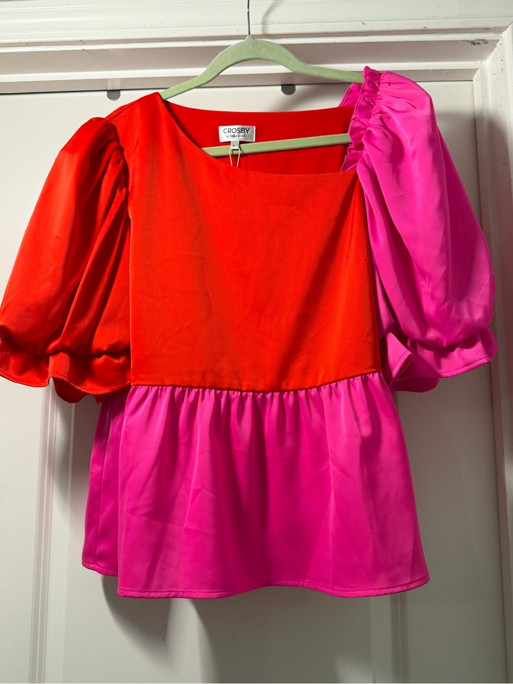 crosby. Colorblock Puff-Sleeve Top - Red & Hot Pink size lg